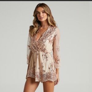 Sequin Glittery Long V-Neck Long Sleeve Pull On Gold Romper